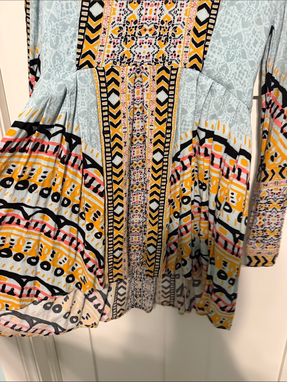 Free People Urban Outfitters Bohemian Blue Mix Print Long Bell Sleeve Mini Dress - Picture 10 of 11
